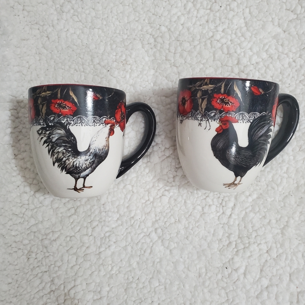 Cracker Barrel set 2 Coffee Mugs Cups Rooster stoneware Farm Western Country